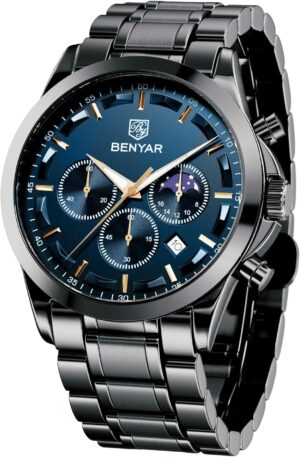 BY BENYAR Mens Watches Analog Quartz Chronograph Waterproof Wrist Watches for Men Fashion Business Work Casual Sport Designer Dress Watch with Calendar Elegant Gifts for Men