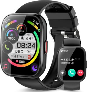 Smart Watch for Men Women Bluetooth Call, 1.85″ HD Touch Screen Fitness Watch with Sleep Heart Rate Monitor, 112+ Sports Modes, IP68 Waterproof Activity Trackers for Android iOS, Black