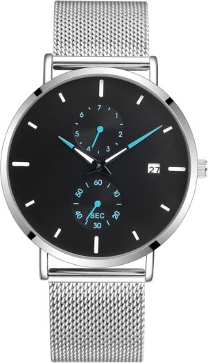 Men’s Watch Simple Men’s Wrist Watch Simple Ultra-Thin Fashion Mesh Stainless Steel Quartz Date Watches for Men with Waterproof