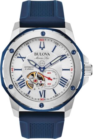 Bulova Men’s Marine Star ‘Series A’ Automatic Stainless Steel Case with Blue Textured Silicone Strap, Open Aperture, Silver White Dial Model: 98A225