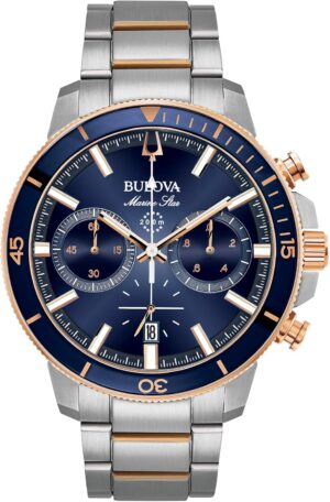 Bulova Men’s Marine Star Series C Two-Tone Rose Gold Stainless Steel 6-Hand Chronograph Quartz Watch, Blue Dial Style: 98B301