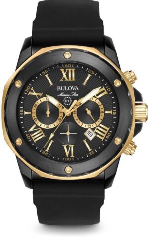 Bulova Men’s Marine Star Series A Black and Rose Gold Ion-Plated Stainless Steel 6-Hand Chronograph Quartz Watch, Black Silicone Strap Style: 98B278