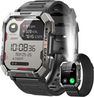 Military Smart Watch for Men (Answer/Make Calls), 2.01” Smart Watch for Android and iPhone, Fitness Tracker with Flashlight/Compass/100 Days Battery/Heart Rate/Sleep/100+ Sport Modes(2 Straps)