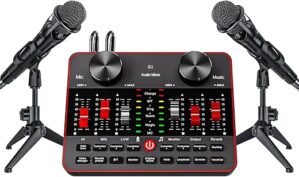 Podcast Microphone Bundle with Live Sound Card Audio Mixer, Podcast Equipment Bundle with Two 3.5mm Condenser Microphones for Pc/Phone Live Streaming Singing Gaming, Voice Changer, Denoise